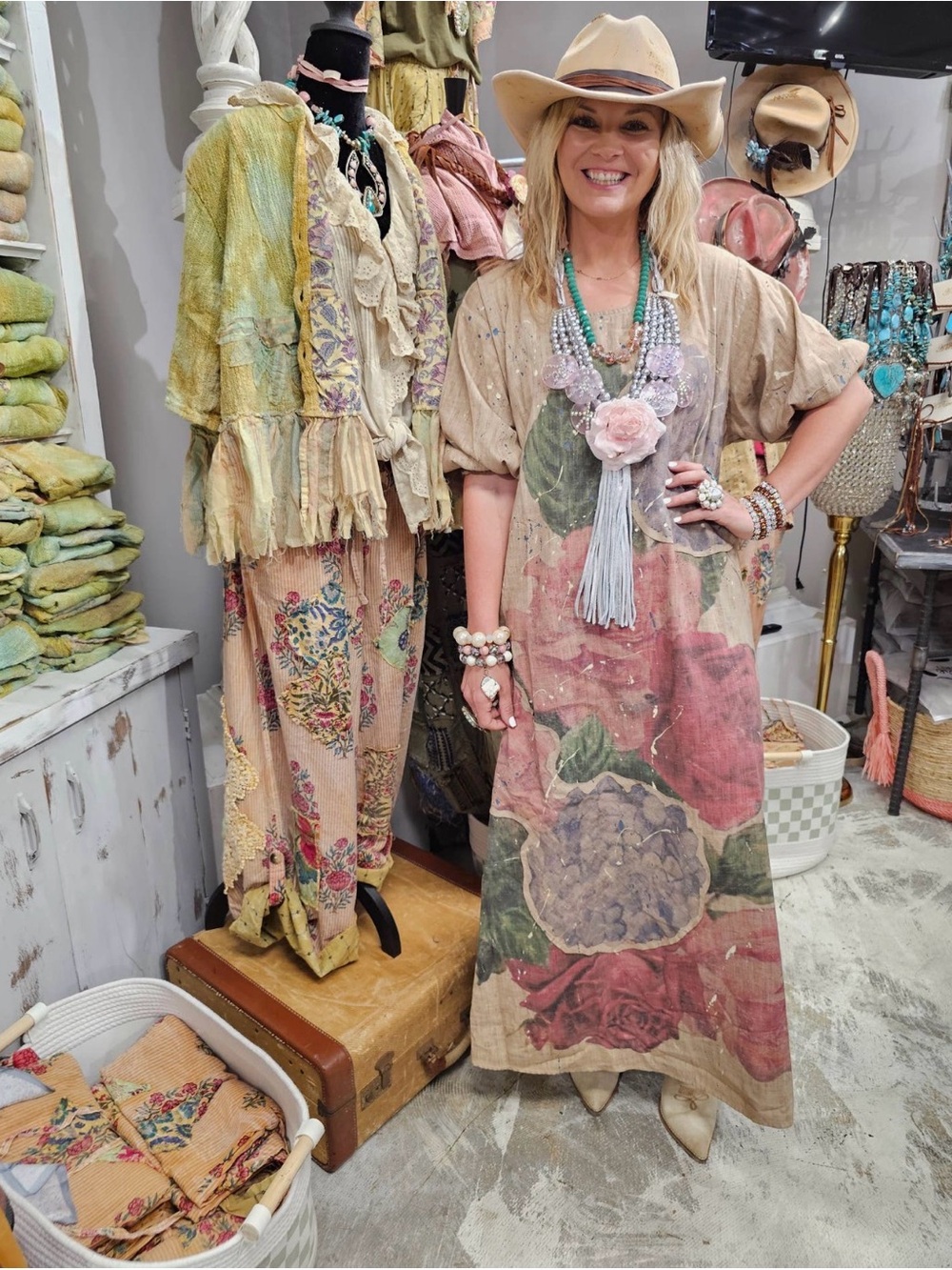 Boho Floral Print Maxi Dress in Beige and Rose
